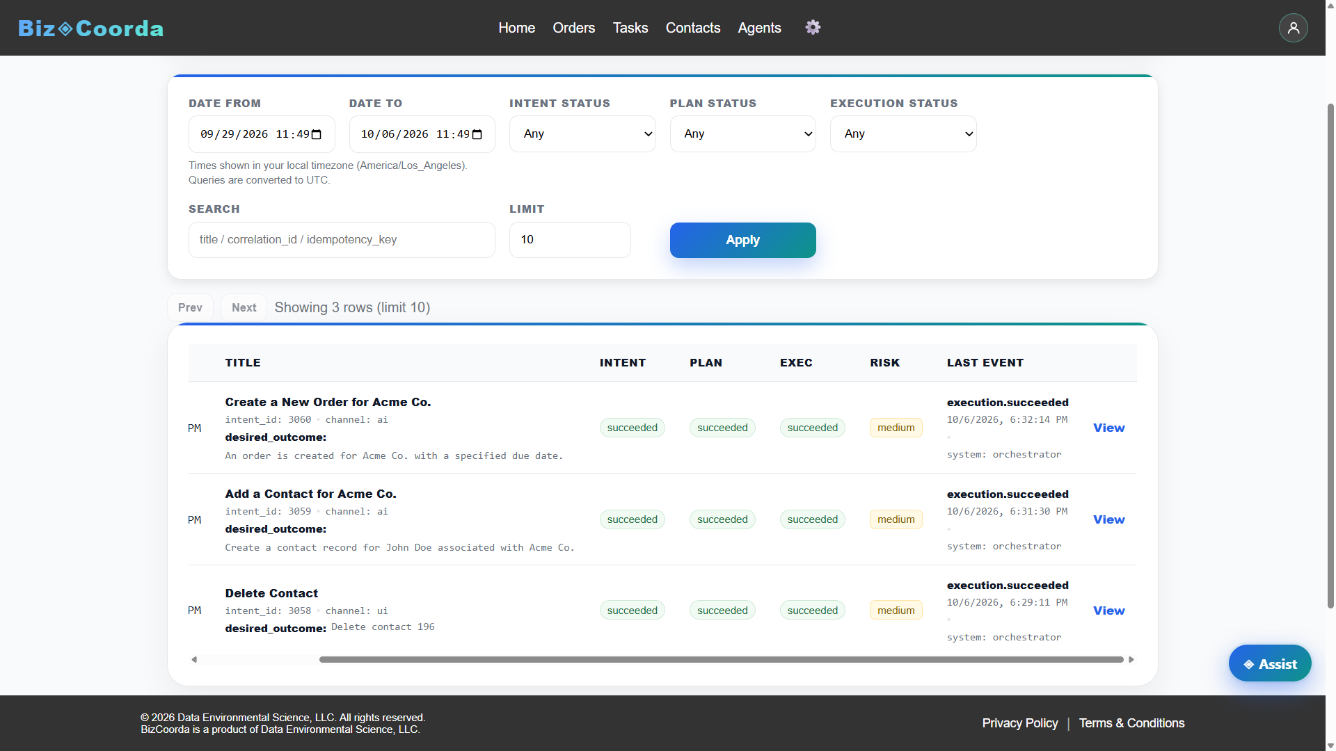 BizCoorda System Action Ledger showing record changes and their initiators.